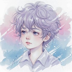 Anime-Style Portrait of a Young Person with Blue Eyes and Curly Hair – Watercolor Background