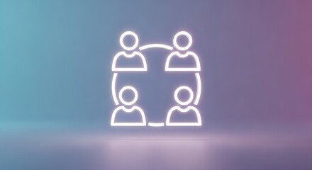 Obraz premium A glowing white outline of four people connected in a circle on a gradient blue and purple background