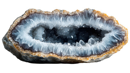 Realistic slice of a small geode showing crystal formations inside. Studio lighting, isolated on a pure Transparent background with shadow.