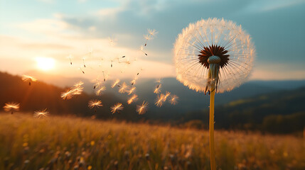Realistic shot of dandelion seeds being blown from the seed head, scattering dynamically, isolated on white, representing wishes, dispersal, nature's spread.