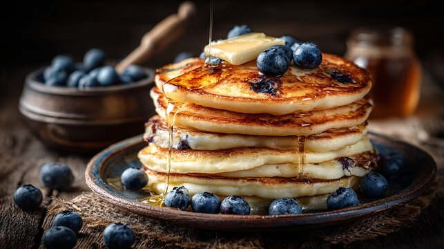 Popular American breakfast pancakes stack with maple syrup, butter melting, blueberries, rustic brunch setup, space for headline