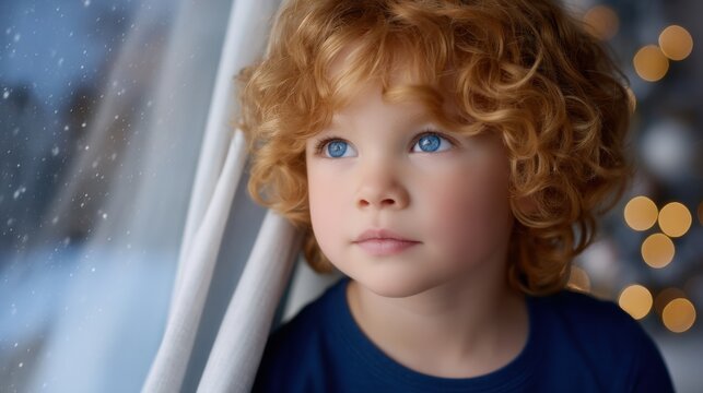 Young red-haired boy gazing thoughtfully out a window with soft daylight and blurred background.
