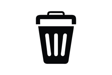Simple black silhouette of a trash can with a lid on a clean white background