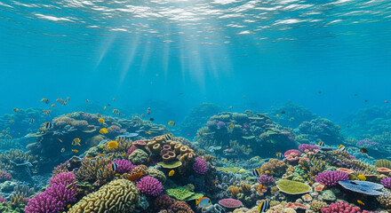 Naklejka premium coral reef and diver Vibrant Underwater Coral Reef with Tropical Fish & Sunlight