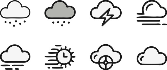 8 Minimal Cloud & Air Speed Icons – Flat Vector Set on White Background.