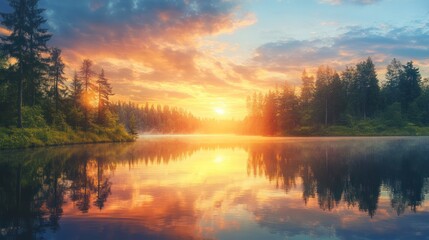 Fototapeta premium Luminous sunset reflecting in a calm lake surrounded by evergreen trees