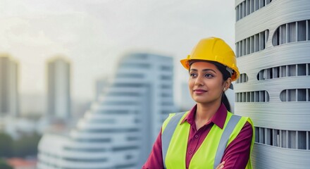 Confident Female Architect or Engineer Surveying a Modern City Skyline copy space