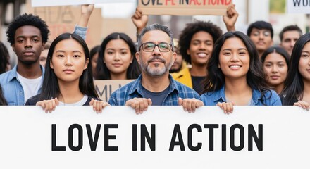 Diverse Group of People Holding "Love in Action" Sign - Unity, Hope, and Social Activism Stock Photo