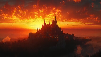 Fiery Sunset over Hilltop Castle, Misty Forest Background. Game Design