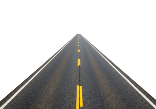 Isolated Asphalt Road with Yellow and White Lines on Transparent Background