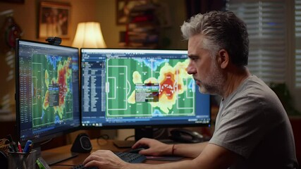 Man analyzes soccer heatmaps on dual monitors in home office setup - Powered by Adobe