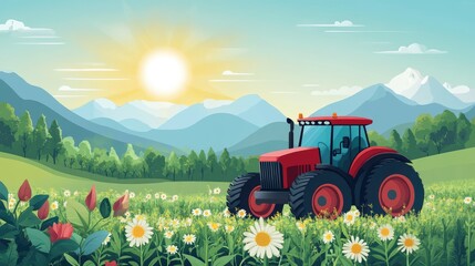 A red tractor is driving through a field of flowers