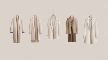 Five different coats hanging on a rack