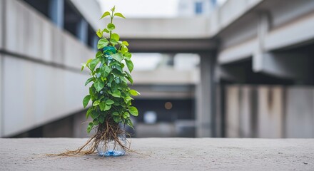 Hopeful Sprout Growing From Plastic Bottle – Environmental Sustainability Concept copy space