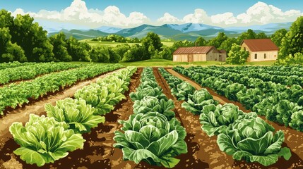 A farm with a house and a field of lettuce