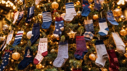 Naklejka premium A Christmas tree adorned with various colorful socks and golden ornaments, creating a festive and cozy holiday atmosphere.