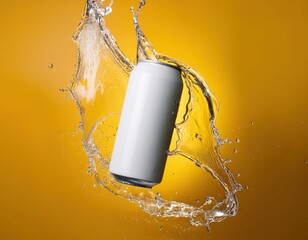 White soda can mockup photo splash of water product photo yellow backdrop floating in the air