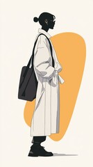A woman is wearing a white shirt and carrying a black bag