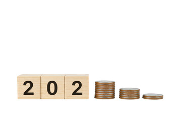 Illustration Coin Stacks Decreasing with Wooden Blocks on Transparent Background