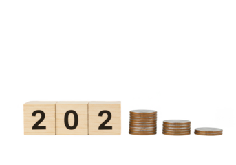 Illustration Coin Stacks Decreasing with Wooden Blocks on Transparent Background