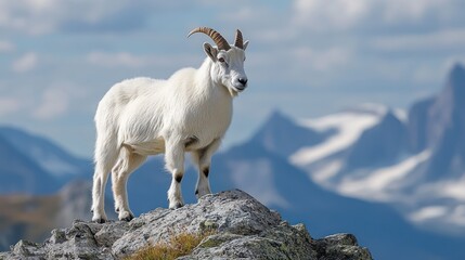 Mountain Goat on Rocky Peak, Majestic Peaks Background, Wildlife Photography