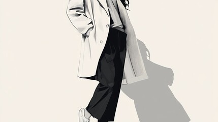 A woman is wearing a white jacket and black pants