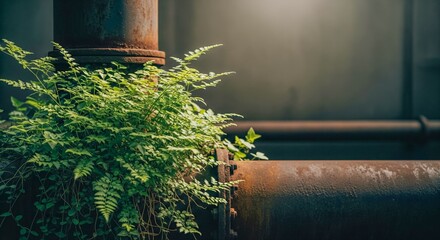 Industrial Decay Meets Nature - Fern Growth on Rusty Pipework copy space