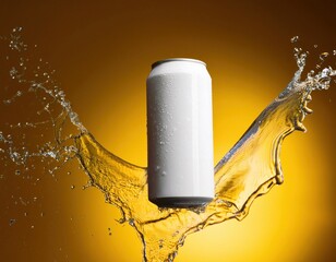 White soda can mockup photo splash of water product photo yellow backdrop floating in the air
