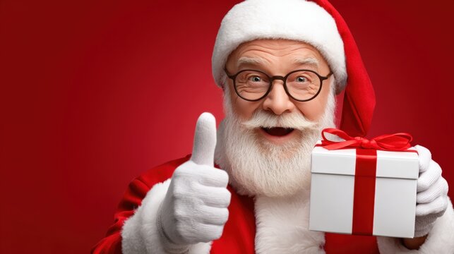 Santa Claus in a festive red suit gives a thumbs up while holding a gift box with a red ribbon, set against a vibrant red background.