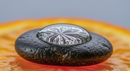 Macro Photography of a Water Droplet on a Wet Black Stone with Vibrant Orange Reflection