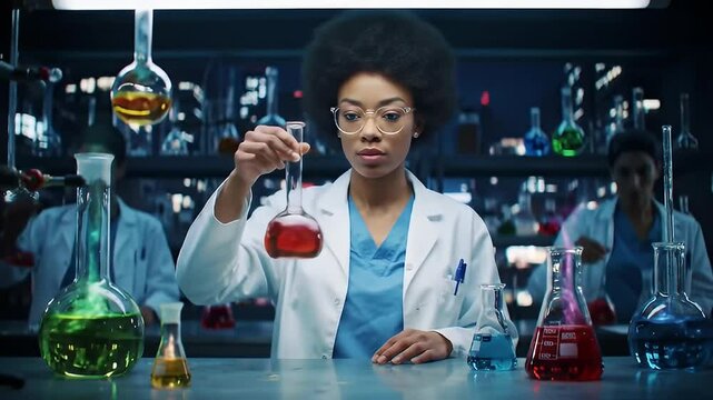 Lab scene with researchers, beakers with colorful, fuming liquids