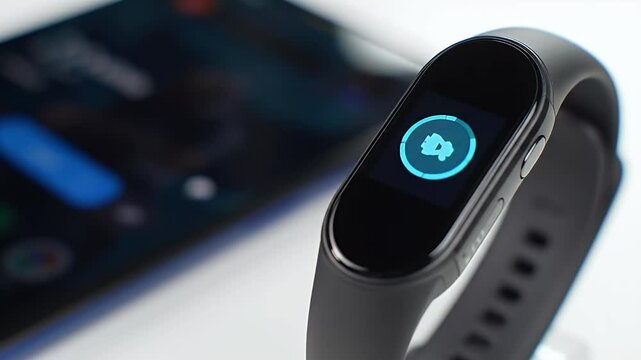 Gray smart band displays a blue icon, paired with an out of focus phone