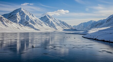 Majestic Snow-Capped Mountains Reflecting in a Frozen Lake - Scenic Landscape Photography