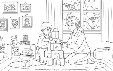 Parent and child building creative block tower together on the floor for fun indoor playtime