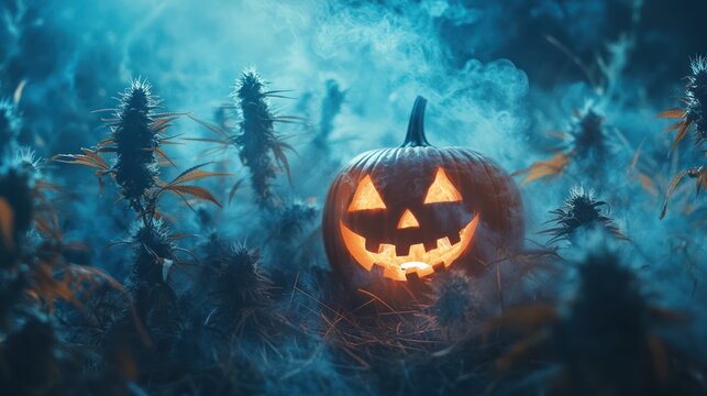 Glowing Jack-o'-lantern in cannabis field, Halloween night, spooky smoke
