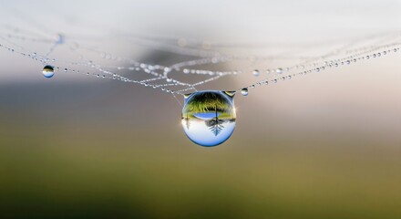 Miniature Landscape Reflected in a Water Droplet on a Spiderweb - Macro Photography