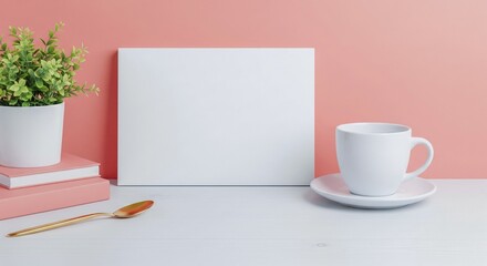 Minimalist Desk Setup with Mockup Frame, Plant, Books & Coffee - Flat Lay Lifestyle Image copy space