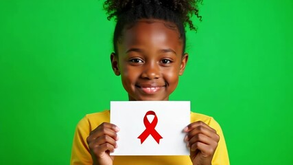 African American child on green screen holds card with red ribbon, symbolizing HIVAIDS awareness and promoting support in 4k.