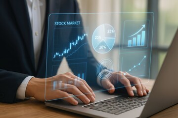 A business professional analyzes stock market trends and statistics through a laptop, engaging with holographic financial data visualizations showcasing dynamic growth and insights.