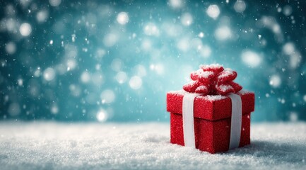 A red gift box with a white ribbon sits on snow, surrounded by a dreamy snowfall and a blurred blue background, evoking a festive winter scene.