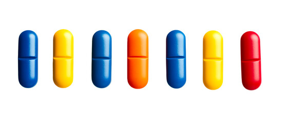 Row of vivid capsules in blue, yellow, orange, and red tones against a stark black backdrop highlighting medication and healthcare concepts, transparent background