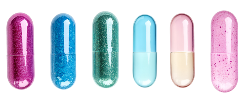 Six colorful capsules, in varying shades of purple, blue, green, and pink, are arranged in a row on a transparent background, highlighting medicine.