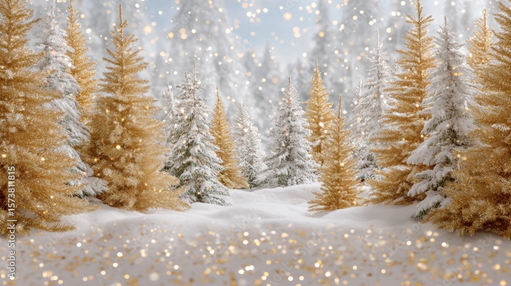 Poster a winter wonderland with golden and snow-covered trees under a sparkling sky, creating a magical and
