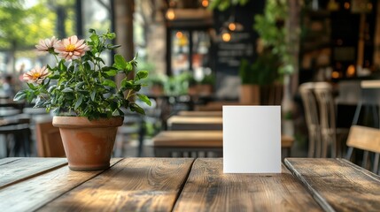 Blank menu card on rustic cafe table, flowers, blurred background