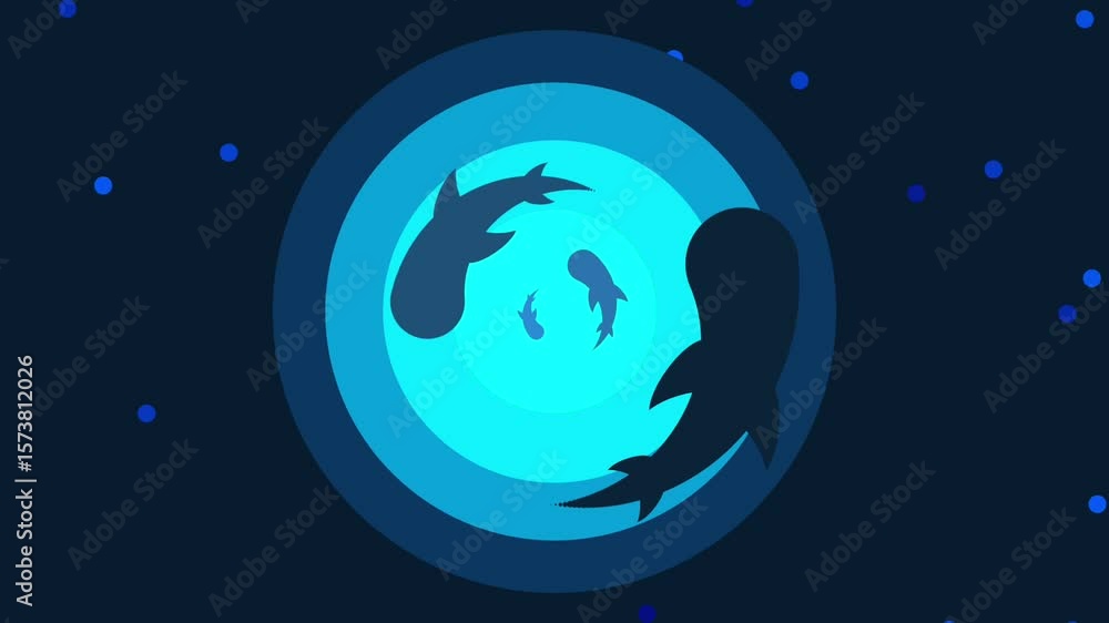 Poster multiple blue shapes orbit a central point against a dark backdrop, illustrating digital synchroniza