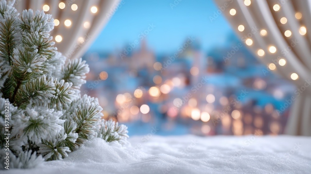 Canvas Prints snow-covered pine branches with a blurred cityscape and festive lights in the background, creating a