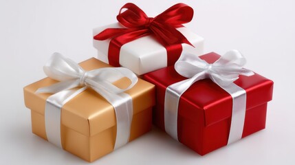 Obraz premium Three elegantly wrapped gift boxes with red, white, and gold paper, adorned with matching satin ribbons, arranged on a white background.