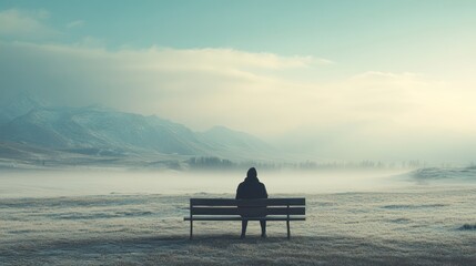Obraz premium Lonely figure sits on bench, misty mountain view, serene dawn, contemplation