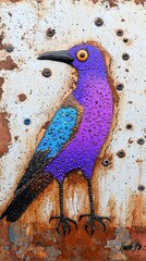 Beaded Purple Bird on Rusty Metal Detailed Avian Artwork