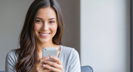 Smiling Woman Using Smartphone - Lifestyle Portrait with Modern Aesthetic copy space